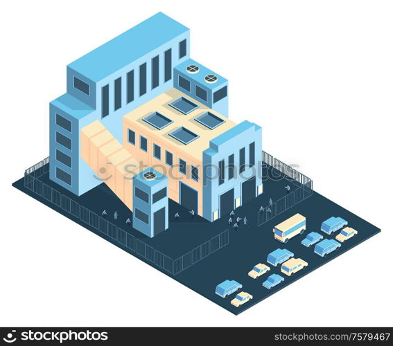 Isometric industrial plant factory composition with view of plant buildings fence zone and cars with people vector illustration