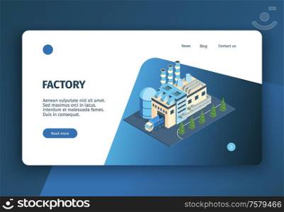 Isometric industrial plant factory concept banner website landing page with editable text clickable links and buttons vector illustration