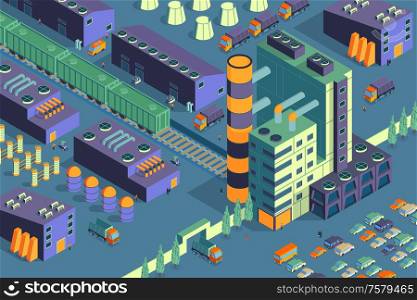 Isometric industrial plant factory horizontal composition with view of industrial estate fence area with plant buildings vector illustration