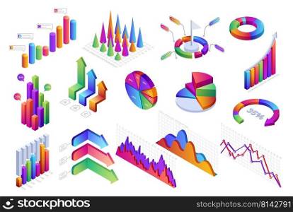 Isometric infographic. 3D diagrams, graphs, progress bars and charts, business and finance statistic and analytic. Vector presentation layout with abstract shapes. Data management, information. Isometric infographic. 3D diagrams, graphs, progress bars and charts, business and finance statistic and analytic. Vector presentation layout with abstract shapes