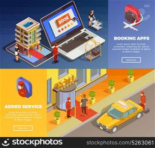 Isometric Infographic Booking Banners. Hotel booking applications with added service isometric infographic colorful horizontal banners set isolated vector illustration