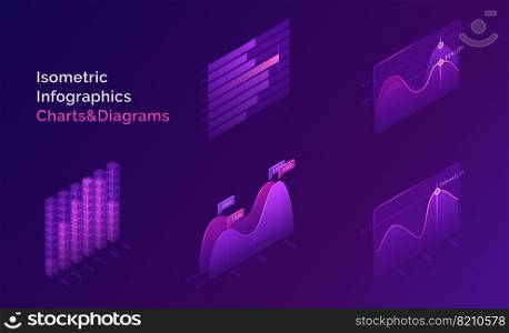 Isometric infographic charts and diagrams for digital presentation of statistic and analytics information. Vector 3d set of stats report charts, finance or business analysis. Isometric infographic charts and diagrams