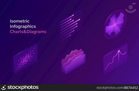 Isometric infographic charts and diagrams. Vector abstract analysis and statistic graphs, timelines. Design elements of digital report for finance, investment or another data on purple background. Isometric infographic charts and diagrams