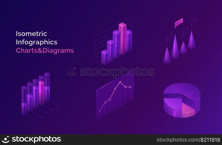 Isometric infographics charts and diagrams, 3d data analysis columns, infographic vector elements, financial information datum statistic. Template for business presentation, report or web site design. Isometric infographics charts and diagrams set