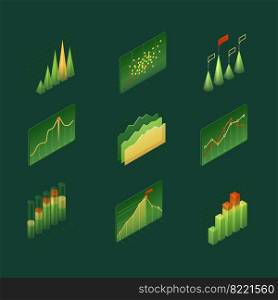 Isometric infographics charts and diagrams, 3d data analysis columns, infographic vector elements, financial information datum statistic. Template for business presentation, report or web site design. Isometric infographics charts and diagrams set