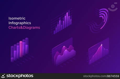 Isometric infographics charts and diagrams, 3d data analysis columns, infographic vector elements, financial information datum statistic. Template for business presentation, report or web site design. Isometric infographics charts and diagrams set