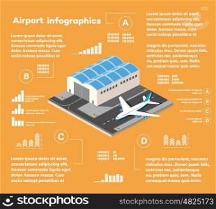 Isometric infographics of the city airport, flight of construction and building, terminal, planes