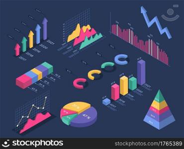 Isometric infographics. Pie chart, circle graph, histogram, pyramid diagram, growth progress bar. 3d infographic charts for presentation vector set. Data icons for business plan analytics. Isometric infographics. Pie chart, circle graph, histogram, pyramid diagram, growth progress bar. 3d infographic charts for presentation vector set
