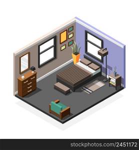 Isometric interior composition of single bedroom with queen bed furniture and two windows in separate walls vector illustration. Bedroom Isometric Interior Composition