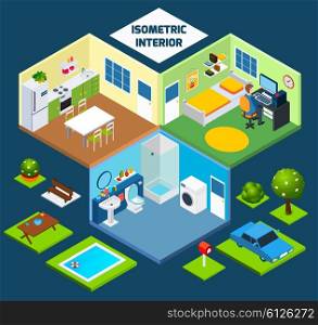 Isometric interior concept. Isometric interior concept with indoor furniture and outdoor elements vector illustration