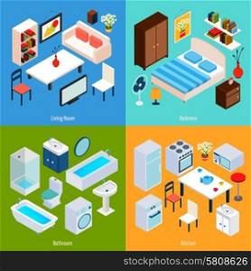 Isometric interior design concept set with living room bedroom bathroom and kitchen 3d icons isolated vector illustration. Isometric Interior Set