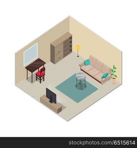 Isometric Interior Design. Living Room Furniture.. Isometric room interior design. Sofa, cupboard, carpet, floor lamp, table, chair TV. Furniture isometric interior, living room, house furniture, 3d domestic Detail model vector illustration