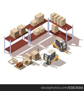 Isometric interior of warehouse with forklift trucks, cardboard package boxes on racks and pallets. Vector equipment for freight logistic, cargo transportation, goods storage and delivery. Isometric interior of warehouse with forklift