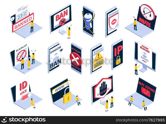Isometric internet blocking banned website icon set with account blocked not found shadow ban blacklist id lock descriptions vector illustration