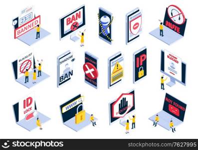 Isometric internet blocking banned website icon set with account blocked not found shadow ban blacklist id lock descriptions vector illustration