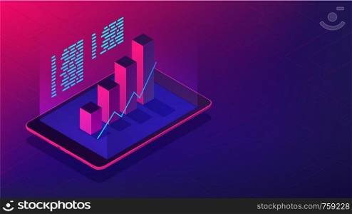 Isometric investment and financial advisory 3d isometric illustration. Tablet with 3d charts graphics of investment statistics in violet color. Financial advisory concept. Ultraviolet background. Isometric investment and financial advisory 3d isometric vector illustration