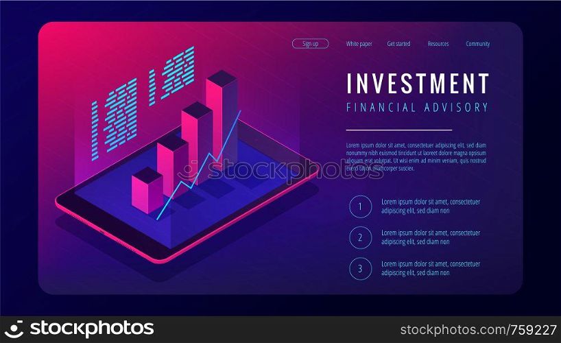 Isometric investment and financial advisory landing page concept. Tablet with 3d charts graphics of investment growth statistics on the screen in violet color. Vector ultraviolet background. Isometric investment and financial advisory landing page concept.