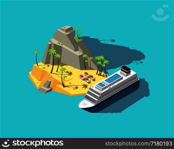 Isometric island. Paradise in ocean. 3d beach in sea. Summer holiday vector concept. Palm and beach, tropical island travel, summer paradise illustration. Isometric island. Paradise in ocean. 3d beach in sea. Summer holiday vector concept