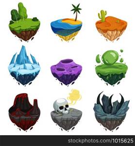 Isometric islands. Cartoon landscape with rock ice grass ground volcano lava surface vector object for game. Illustration of island and ground game, grass landscape. Isometric islands. Cartoon landscape with rock ice grass ground volcano lava surface vector object for game