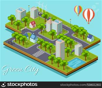 Isometric isolated green city concept. Eco city, green cityscape, green building, sustainable city, clean city, architecture cityscape, building and nature, eco environment illustration