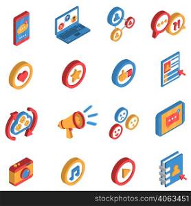 Isometric isolated icon set with decorative colorful symbols and elements of social network and internet vector illustration. Social Network Isometric Icon Set