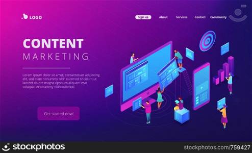 Isometric IT specialists working with charts on content marketing landing page. Business analysis, content strategy and management concept. Ultra violet background. Vector 3d isometric illustration.. Isometric content marketing landing page.