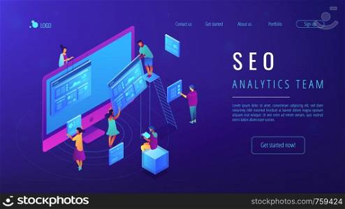 Isometric IT specialists working with web pages and charts landing page. Seo analysis and optimization, seo strategies and marketing concept. Blue violet background. Vector 3d isometric illustration.. Isometric SEO analytics team landing page.