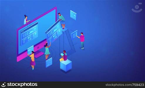 Isometric IT team working with web pages, charts and data illustration. Seo analysis and strategy, marketing, search engine results, concept. Blue violet background. Vector 3d isometric illustration.. Isometric SEO analytics specialists illustration.