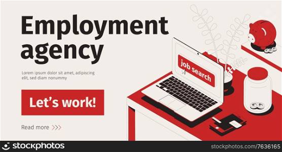 Isometric job search concept with open computer on working desk vector illustration. Employment agency composition