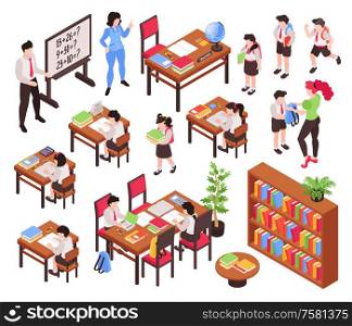 Isometric junior school set of isolated pieces of classroom furniture and human characters of teachers and schoolchildren vector illustration