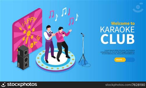 Isometric karaoke horizontal banner with editable text more button and people singing in microphones on stage vector illustration