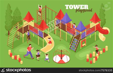 Isometric kids playground background composition with text and outdoor scenery with human characters of running children vector illustration