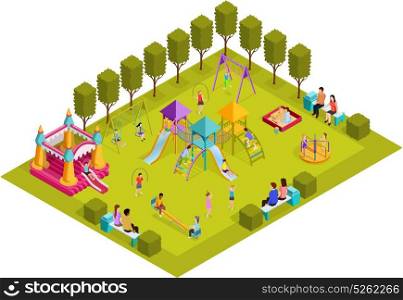 Isometric Kids Playground . Colored 3d isometric kids playground with layout with placed in the park art objects and gaming complexes vector illustration