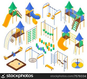 Isometric kids playground set with isolated images of childrens play area facilities amusement devices and slides vector illustration