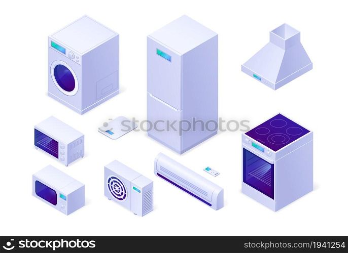 Isometric kitchen appliances electric home tech oven, hood, microwave and washing machine with floor scales and conditioner with refrigerator. Household technics, equipment, isolated 3d vector set. Isometric kitchen appliances or electric home tech