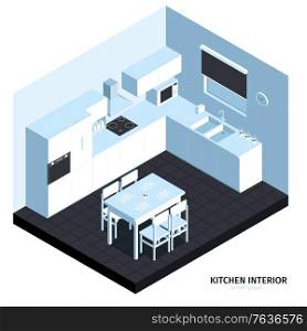 Isometric kitchen composition with cubic view of room with clean furniture cooking machines sink and table vector illustration