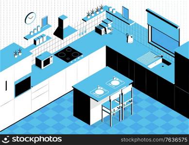 Isometric kitchen composition with indoor scenery table and walls with cabinets and kitchenware sink and oven vector illustration