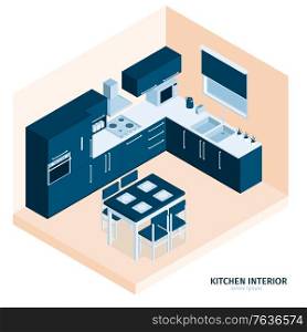 Isometric kitchen composition with text and indoor view of dining place with stove kitchenware and cabinetry vector illustration