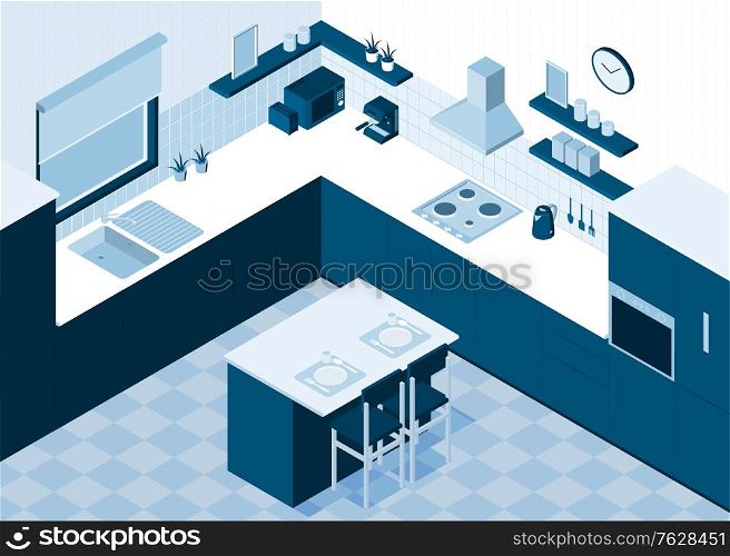 Isometric kitchen horizontal composition with monochrome view of room interior with cooking appliances and dining table vector illustration