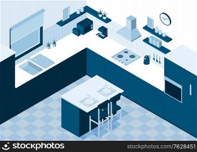Isometric kitchen horizontal composition with monochrome view of room interior with cooking appliances and dining table vector illustration