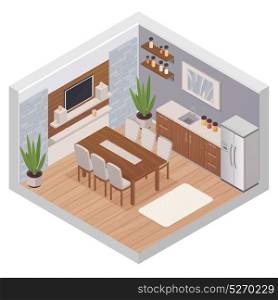 isometric Kitchen Interior With TV. Kitchen interior isometric design concept with modern furniture tv set and dining table for six persons flat vector illustration