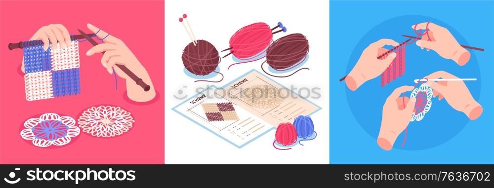 Isometric knitting design concept set of square compositions with human hands holding pins and colourful clews vector illustration
