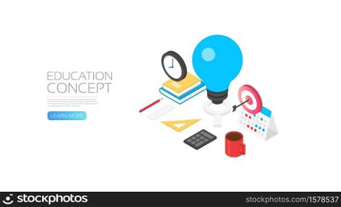 Isometric knowledge concept, lightbulb and student&rsquo;s gadget