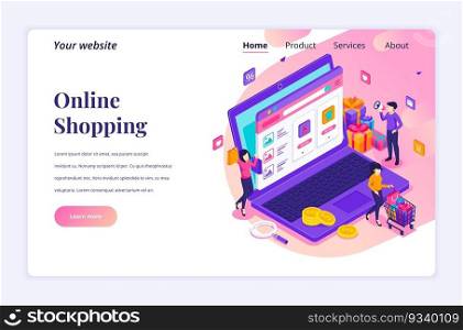 Isometric landing page design concept of Online Shopping. people buying products in web online store via laptop. vector illustration