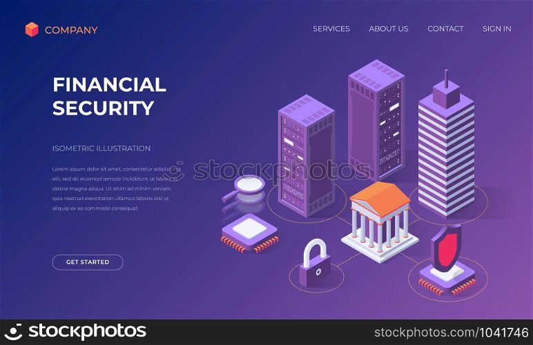 Isometric landing page for financial security, banking and market research, vector illustration. Landing page for financial security