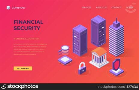 Isometric landing page for financial security, banking and market research, vector illustration