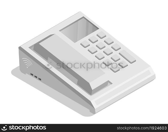 Isometric landline wired office phone with buttons. IP communication between subscribers. Realistic 3D vector isolated on white background