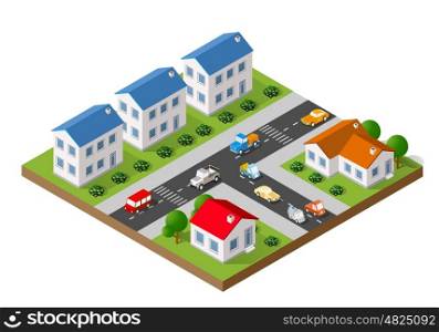 isometric landscape of a small town. 3D isometric landscape of a small town with houses and streets with trees