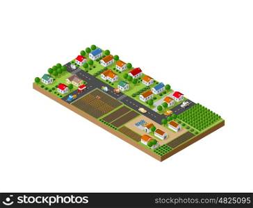 isometric landscape of a small town. 3D isometric landscape of a small town with houses and streets with trees