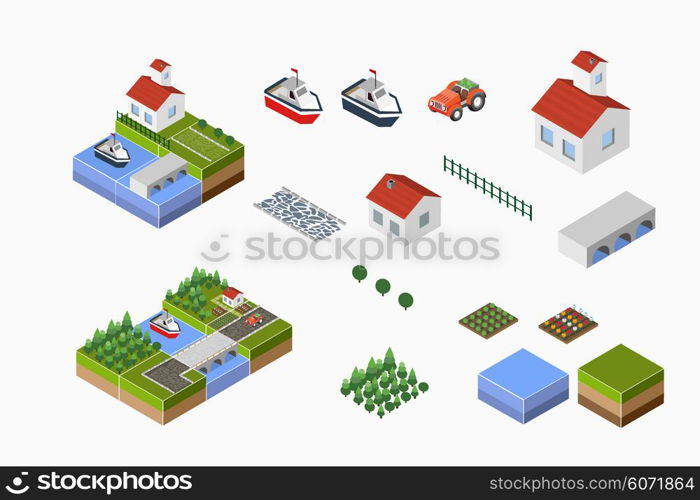 Isometric landscape of countryside with farm, tractor, harvest, the beds and the river.